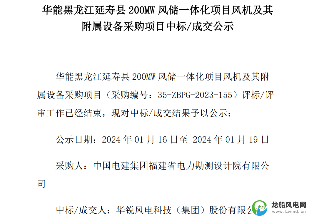 中国电建200MW风电项目中标公示
