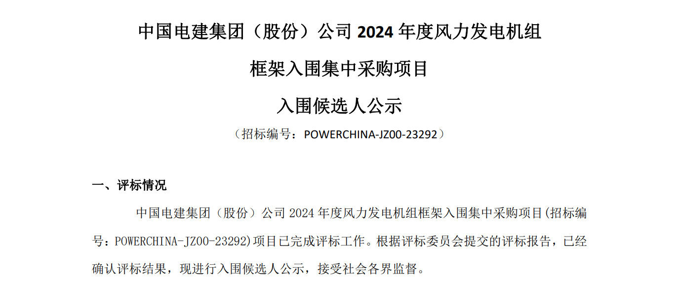 3GW海上+17GW陆上！中国电建2024年度风电机组框采项目开标