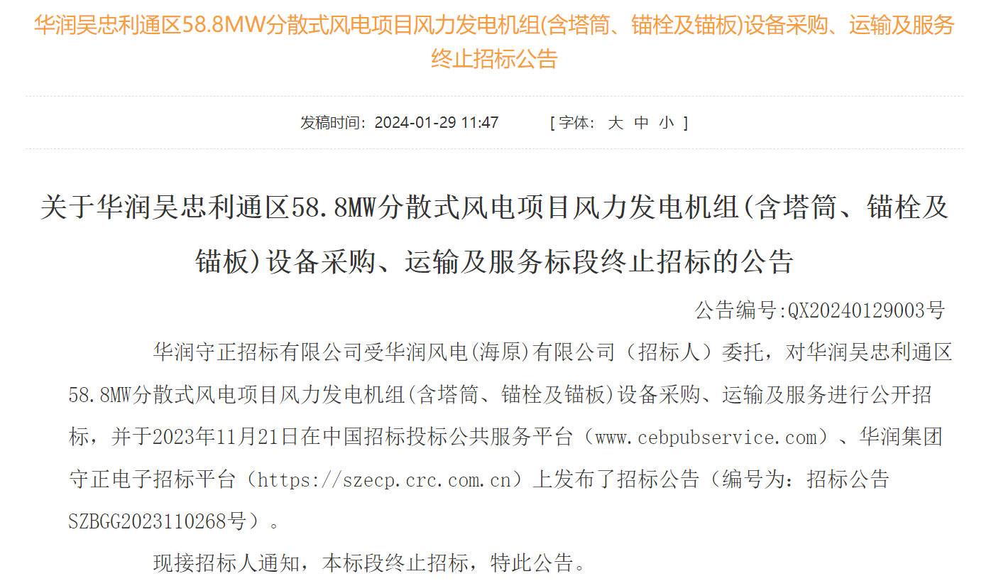 华润58.8MW风电项目终止招标